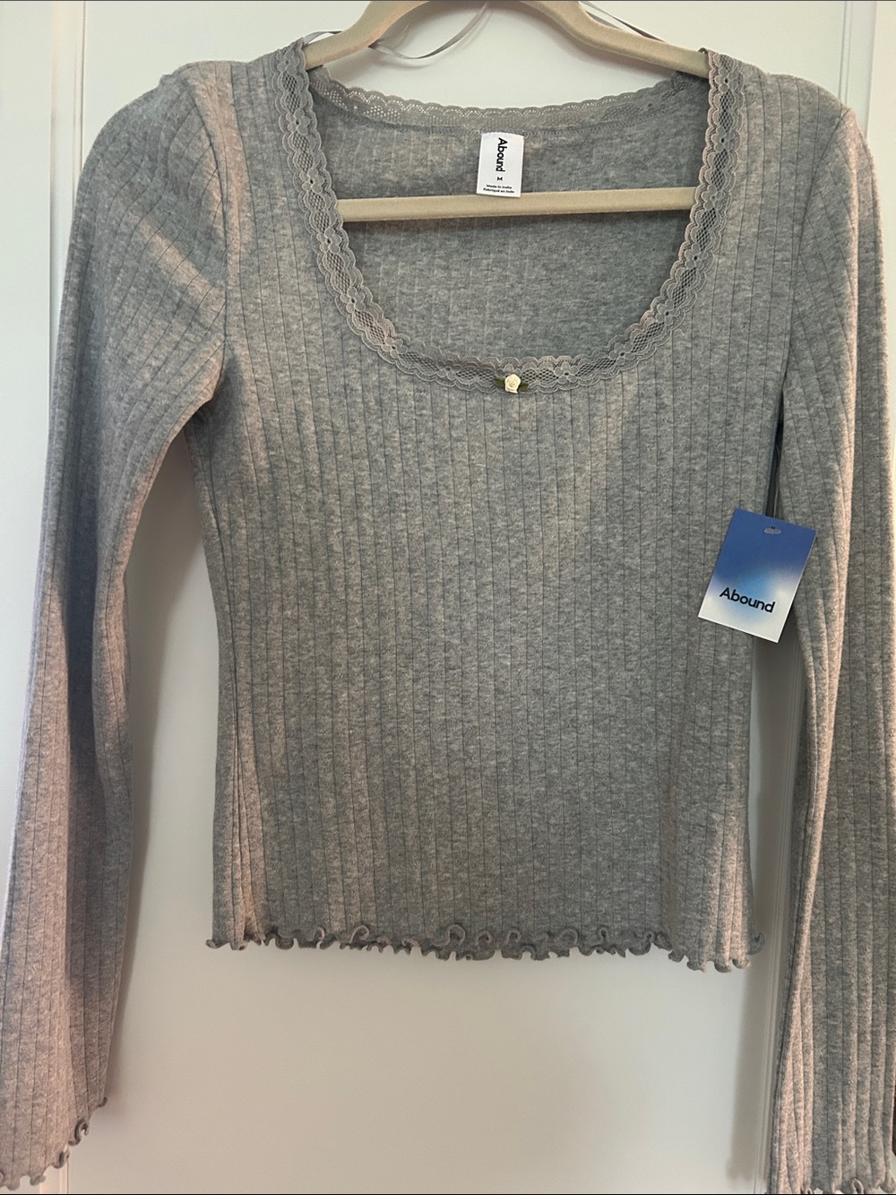 Abound Women's Gray Lace-Trim Ribbed Long Sleeve Top